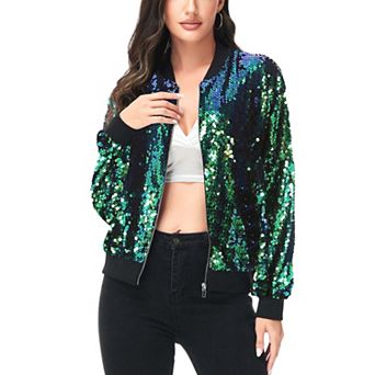 Women's Striped Metallic Sequin Varsity Jacket