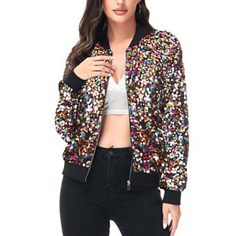 Women's Striped Metallic Sequin Varsity Jacket