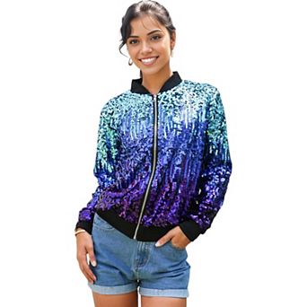Women's Striped Metallic Sequin Varsity Jacket