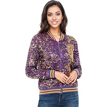 Women's Striped Metallic Sequin Varsity Jacket