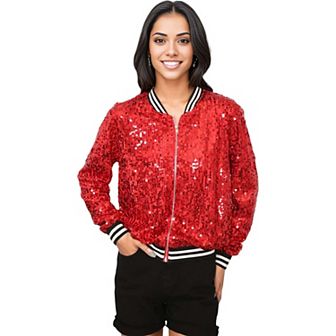 Women's Striped Metallic Sequin Varsity Jacket