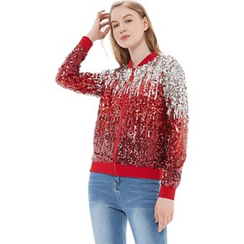 Women's Striped Metallic Sequin Varsity Jacket