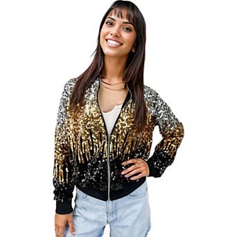 Women's Striped Metallic Sequin Varsity Jacket