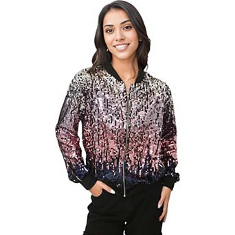 Women's Striped Metallic Sequin Varsity Jacket