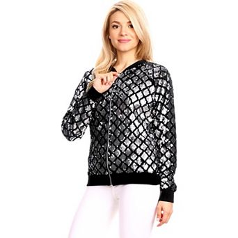 Women's Striped Metallic Sequin Varsity Jacket