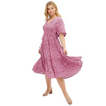 ellos Plus Size Tiered Midi Dress With Surplice Neckline