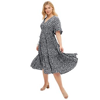 ellos Plus Size Tiered Midi Dress With Surplice Neckline