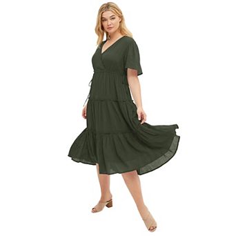 Ellos Plus Size Tiered Midi Dress With Surplice Neckline