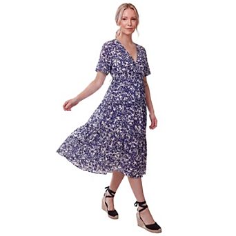 Ellos Plus Size Crinkle Crepe V-Neck Faux Wrap Tiered Midi Dress