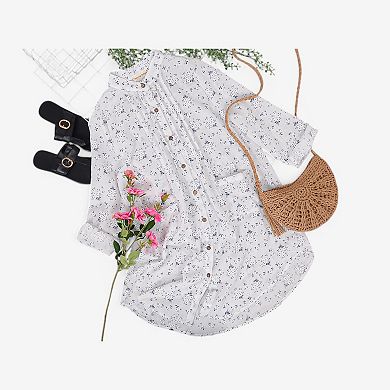 Women's Shirts Casual Loose Long Sleeve Button Down Floral Print Hollow Blouse Tops