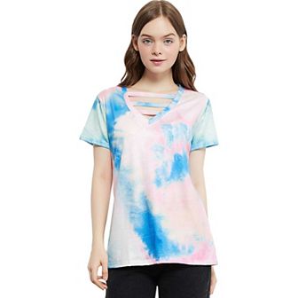 Women's Tie Dye Printed Stripe V-neck Stretch Short Sleeve Casual Loose Tops T-shirts