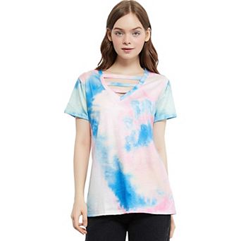 Women's Tie Dye Printed Stripe V-neck Stretch Short Sleeve Casual Loose Tops T-shirts
