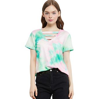Women's Tie Dye Printed Stripe V-neck Stretch Short Sleeve Casual Loose Tops T-shirts