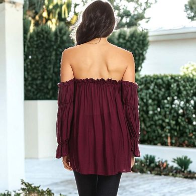 Women's Semi Sheer Boho Peasant Off The Shoulder Top