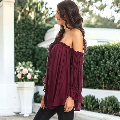 Women's Semi Sheer Boho Peasant Off The Shoulder Top