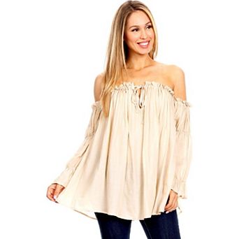 Women's Semi Sheer Boho Peasant Off The Shoulder Casual Top
