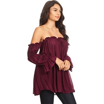 Women's Semi Sheer Boho Peasant Off The Shoulder Casual Top