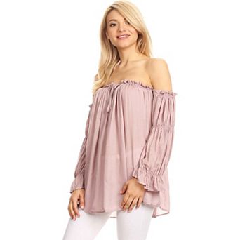 Women's Semi Sheer Boho Peasant Off The Shoulder Casual Top