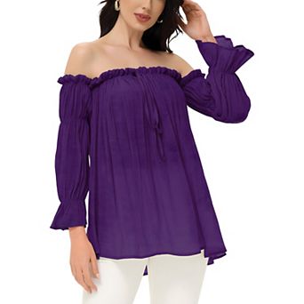 Women's Semi Sheer Boho Peasant Off The Shoulder Casual Top