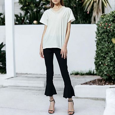 Women's V Neck Eyelash Lace Trim Top Loose Short Sleeve Blouse