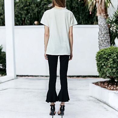 Women's V Neck Eyelash Lace Trim Top Loose Short Sleeve Blouse