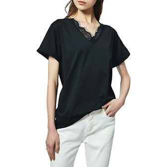 Women's V Neck Eyelash Lace Trim Top Loose Short Sleeve Blouse