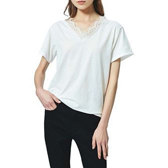 Women's V Neck Eyelash Lace Trim Top Loose Short Sleeve Blouse