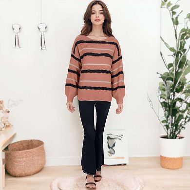 Women's Sweaters Long Sleeve Crew Striped Oversized Knitted Pullover Tops
