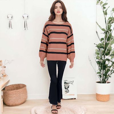 ANNA-KACI Women's Striped Oversized Sweater - Long Sleeve Crew Neck Knitted Pullover Top