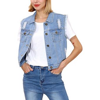 Women's Sleeveless Distressed Denim Jean Jacket Vest