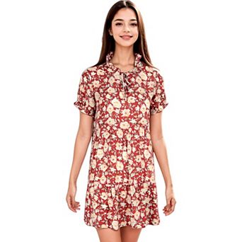 Women's Summer Dress Boho Ruffle Sleeve Floral Print Tie Neck Sun Dress