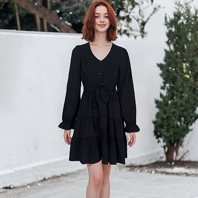 Women's Ruffle Chiffon V-neck Long Elastic Bell Sleeves Belted Midi Flowy Swing Skater Dress