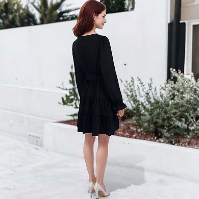 Women's Ruffle Chiffon V-neck Long Elastic Bell Sleeves Belted Midi Flowy Swing Skater Dress