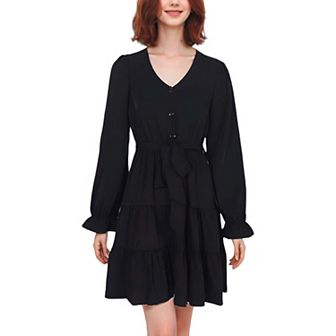 Women's Ruffle Chiffon V-neck Long Elastic Bell Sleeves Belted Midi Flowy Swing Skater Dress