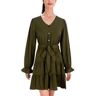 Women's Ruffle Chiffon V-neck Long Elastic Bell Sleeves Belted Midi Flowy Swing Skater Dress