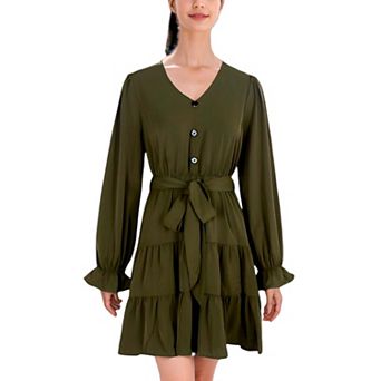 Women's Ruffle Chiffon V-neck Long Elastic Bell Sleeves Belted Midi Flowy Swing Skater Dress