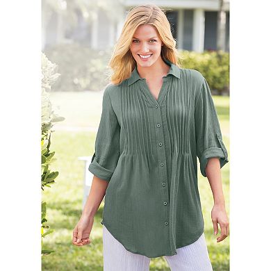 Woman Within Plus Size Pintucked Button Down Gauze Shirt