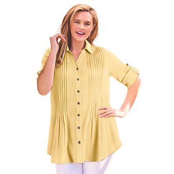 Woman Within Plus Size Pintucked Button Down Gauze Shirt