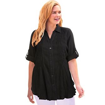 Woman Within Plus Size Pintucked Button Down Gauze Shirt