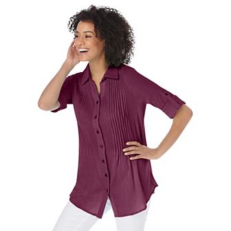 Woman Within Plus Size Pintucked Button Down Gauze Shirt