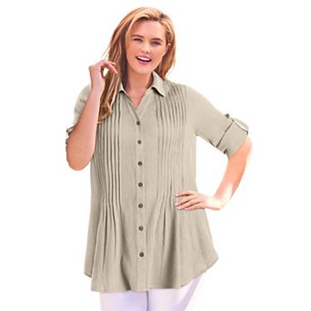 Woman Within Plus Size Pintucked Button Down Gauze Shirt