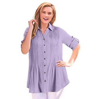 Woman Within Plus Size Pintucked Button Down Gauze Shirt