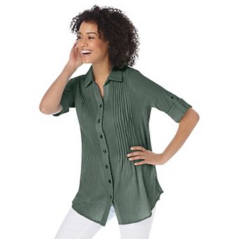 Woman Within Plus Size Pintucked Button Down Gauze Shirt