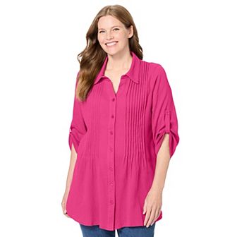 Woman Within Plus Size Pintucked Button Down Gauze Shirt
