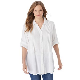 Woman Within Plus Size Pintucked Button Down Gauze Shirt