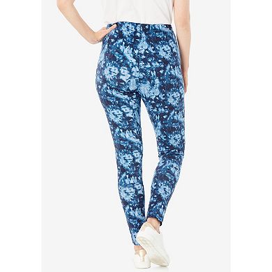Woman Within Plus Size Petite Stretch-Cotton Knit Pull-On Printed Leggings