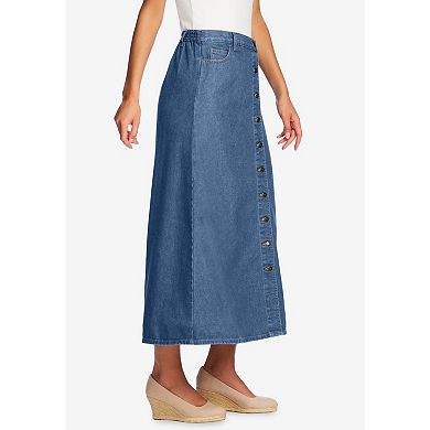 Woman Within Plus Size Perfect Side-Elastic All-Cotton Button Front Denim Jeans Skirt