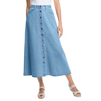 Woman Within Plus Size Perfect Side-Elastic All-Cotton Button Front Denim Jeans Skirt