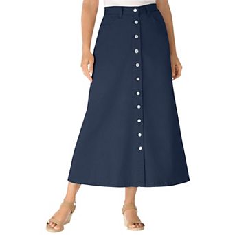 Woman Within Plus Size Perfect Side-Elastic All-Cotton Button Front Denim Jeans Skirt