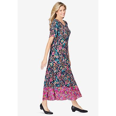 Woman Within Plus Size Printed Short-Sleeve Crinkle Maxi Dress